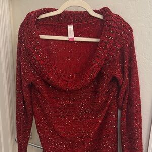No Boundaries Red Glitter Cowl Neck Sweater